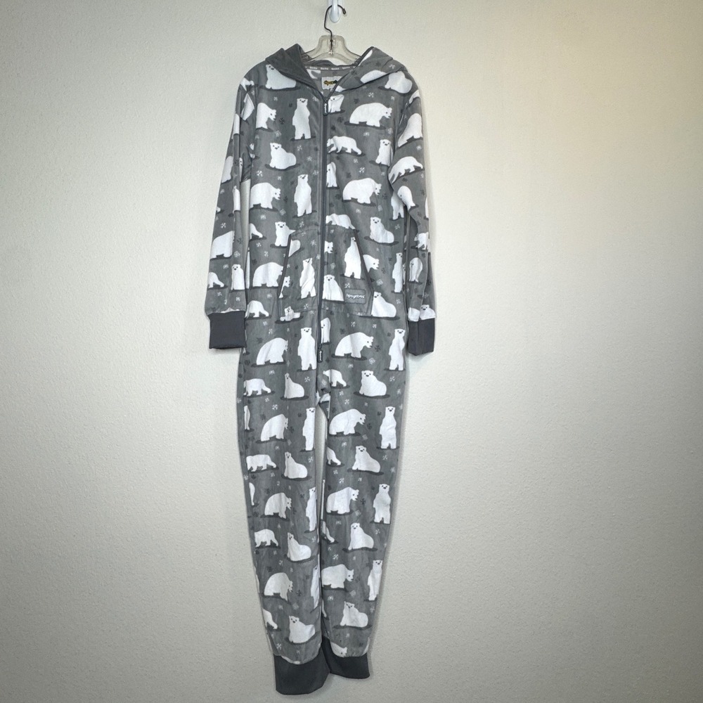 TIPSY ELVES Polar Bear One Piece‎ Jumpsuit Unisex MED Hood Gray 2 Way Zip Fleece